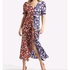 Rixo, Tulip Print Ariel Midi Dress XL Red Hat 100% Silk Ruffle Slit Puff Sleeve